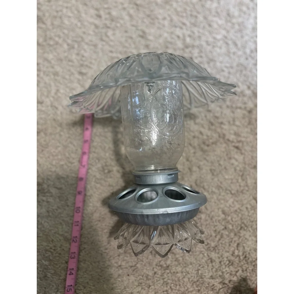Vintage Mason Jar Glass Bird Feeder Hanging GardenDecor Clear PressedGlassFlower